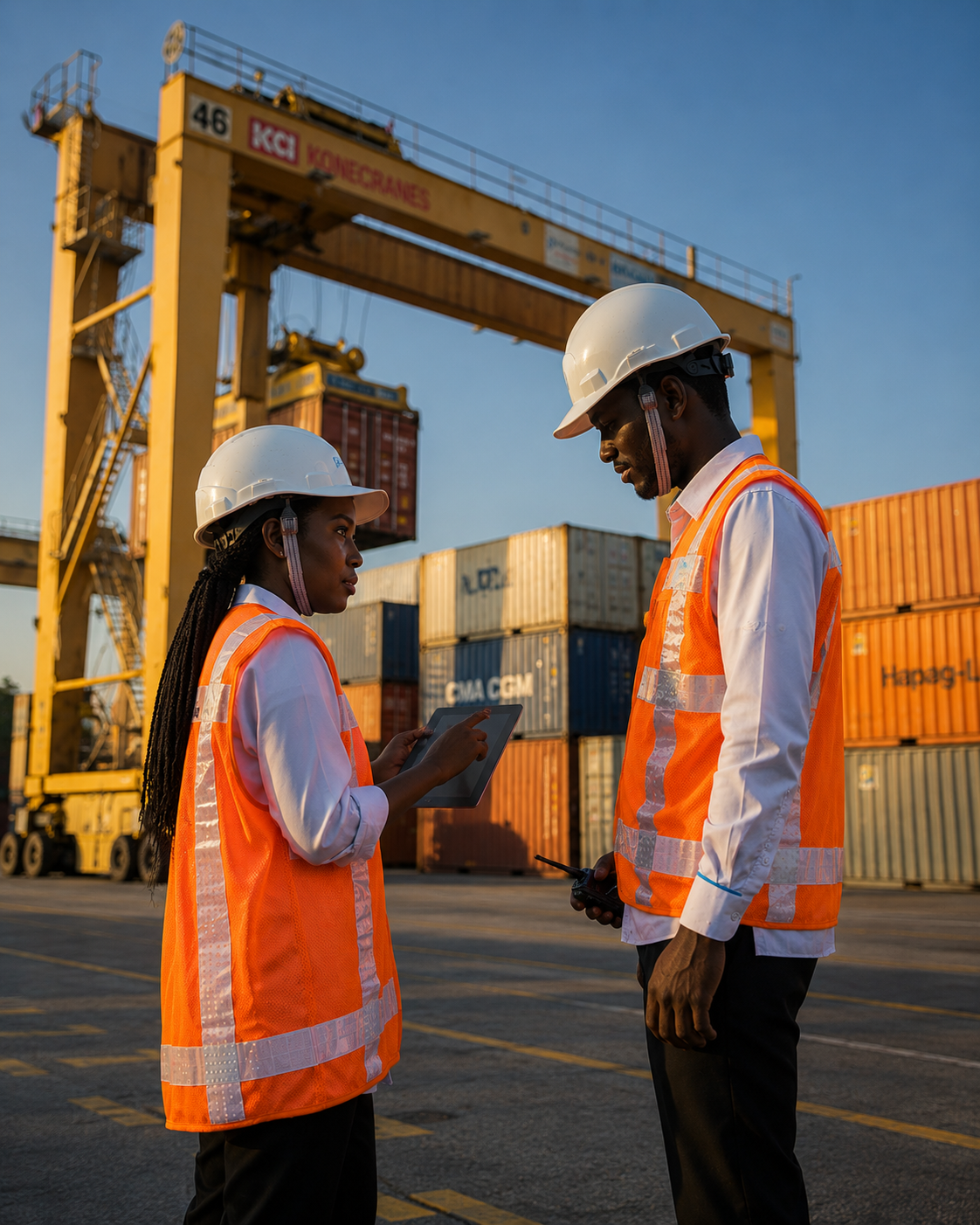 Freight truck moving cargo through a container terminal